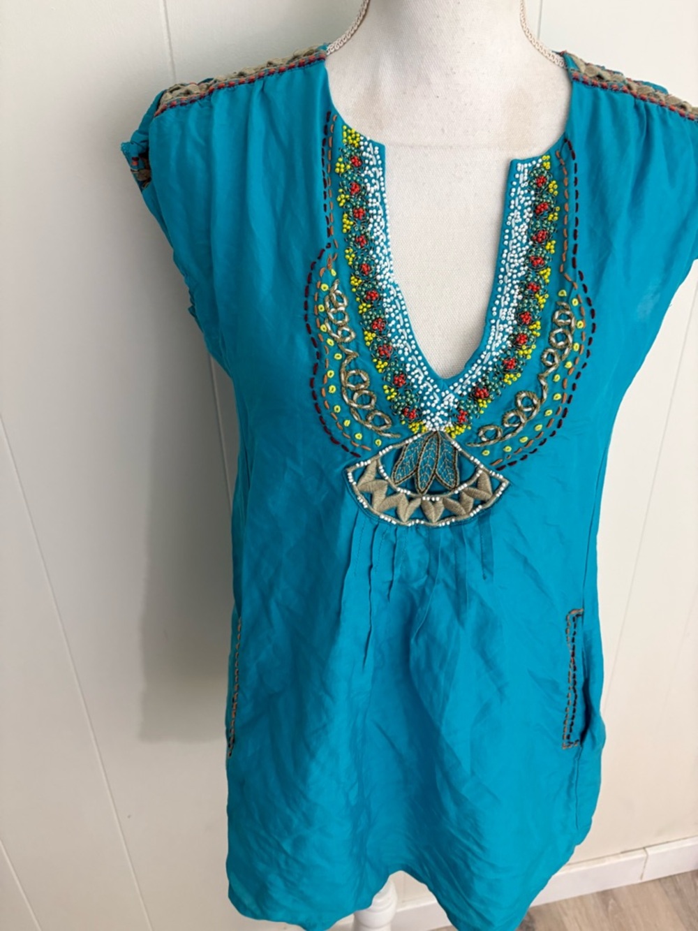 Nanette Lepore Turquoise Embroidered V-Neck Tunic - Picture 7 of 9
